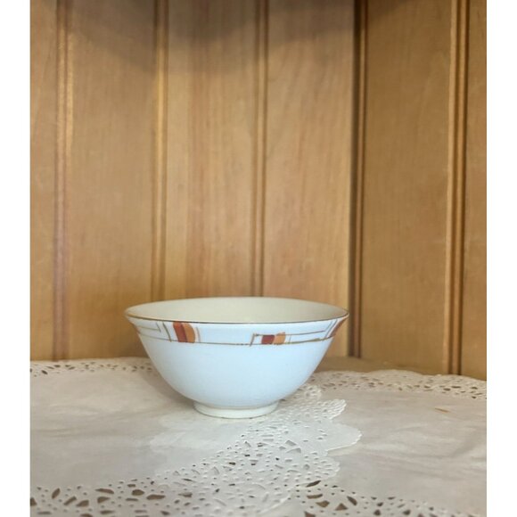 4 Vintage Porcelain Rice Bowls Hand Painted Orange Gold Geometric Abstract - Picture 3 of 6